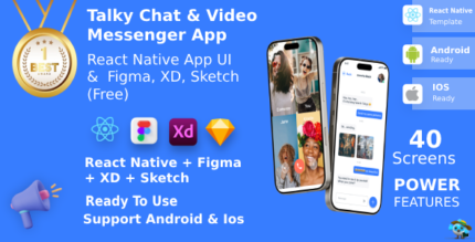 Chat Video Messenger App ANDROID + IOS + FIGMA + XD + Sketch | UI Kit | ReactNative | Talky