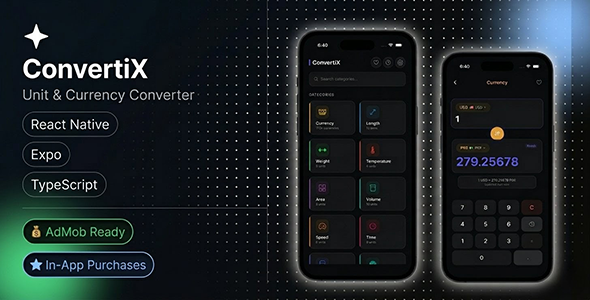 ConvertiX - React Native Expo Unit Currency Converter | iOS Android | i18n | AdMob | TypeScript