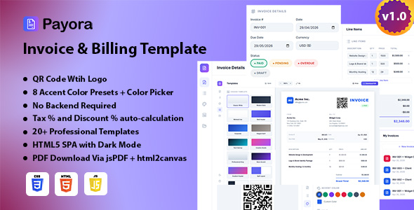 Payora | HTML5 Invoice Billing Template With PDF Export