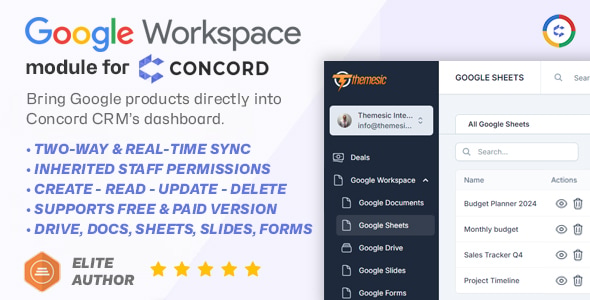 Google Workspace Module for Concord CRM - Google Drive, Sheets, Docs, Forms Slides Google Workspace Module for Concord CRM - Google Drive, Sheets, Docs, Forms Slides